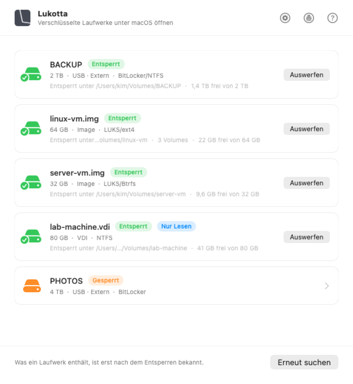 Das Lukotta-Fenster unter macOS mit den am Mac angeschlossenen Laufwerken und ihrem Inhalt.