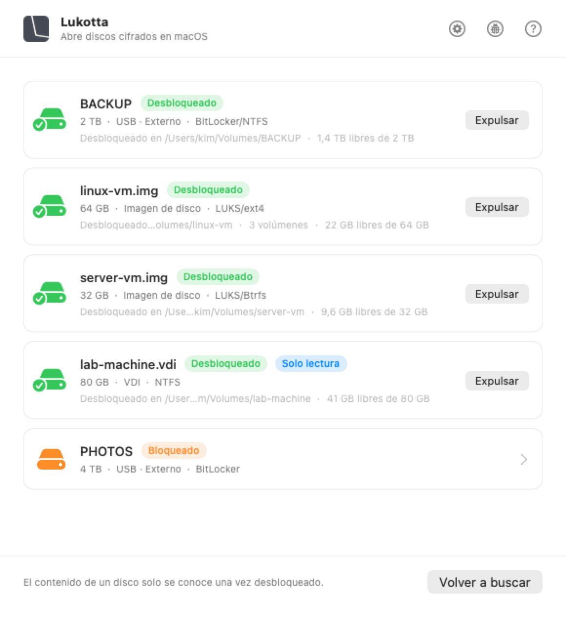 La ventana de Lukotta en macOS, con los discos conectados al Mac y lo que contiene cada uno.