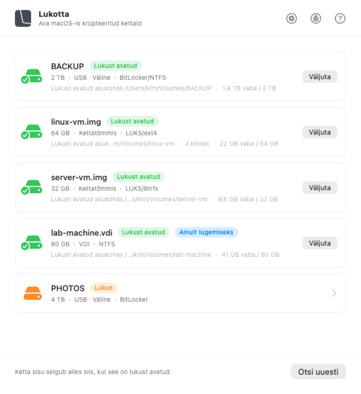 Lukotta aken macOS-is: Maciga ühendatud kettad ja see, mida igaüks sisaldab.