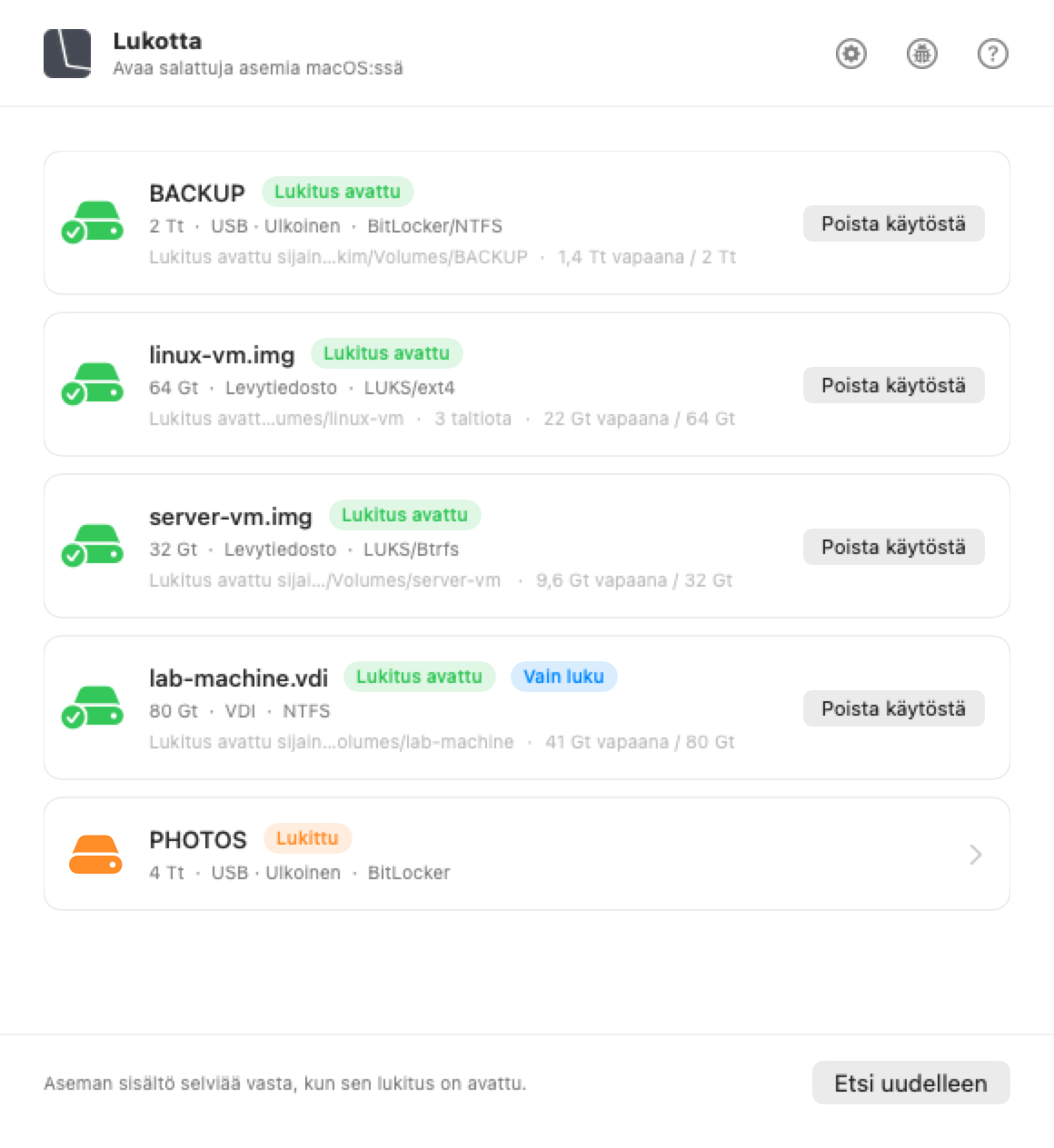Lukotta-ikkuna, kun käytössä on macOS: luettelo Mac-tietokoneeseen kytketyistä levyistä ja siitä, mitä kukin sisältää.