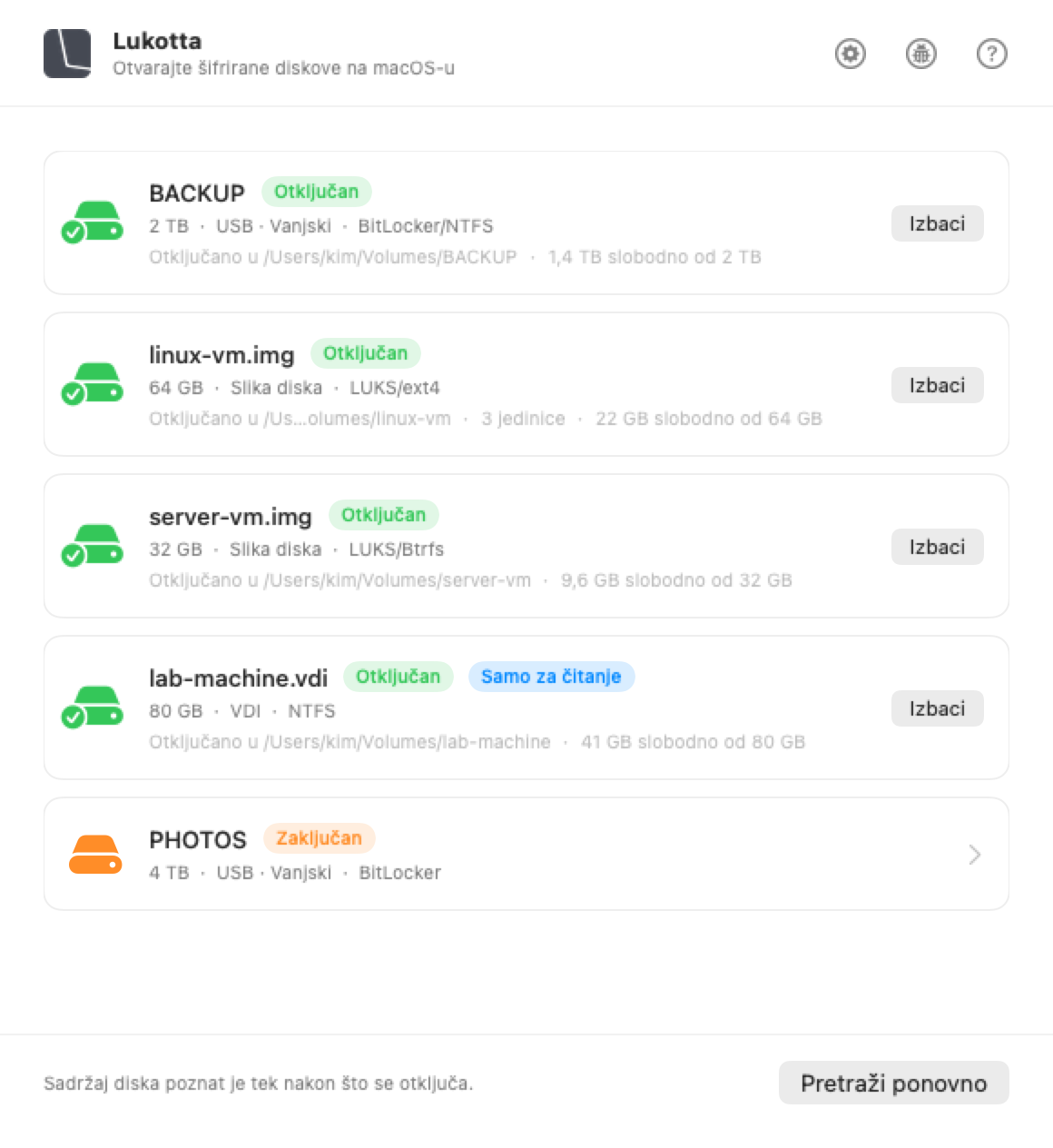 Prozor aplikacije Lukotta u sustavu macOS s diskovima priključenima na Mac i onim što svaki sadrži.