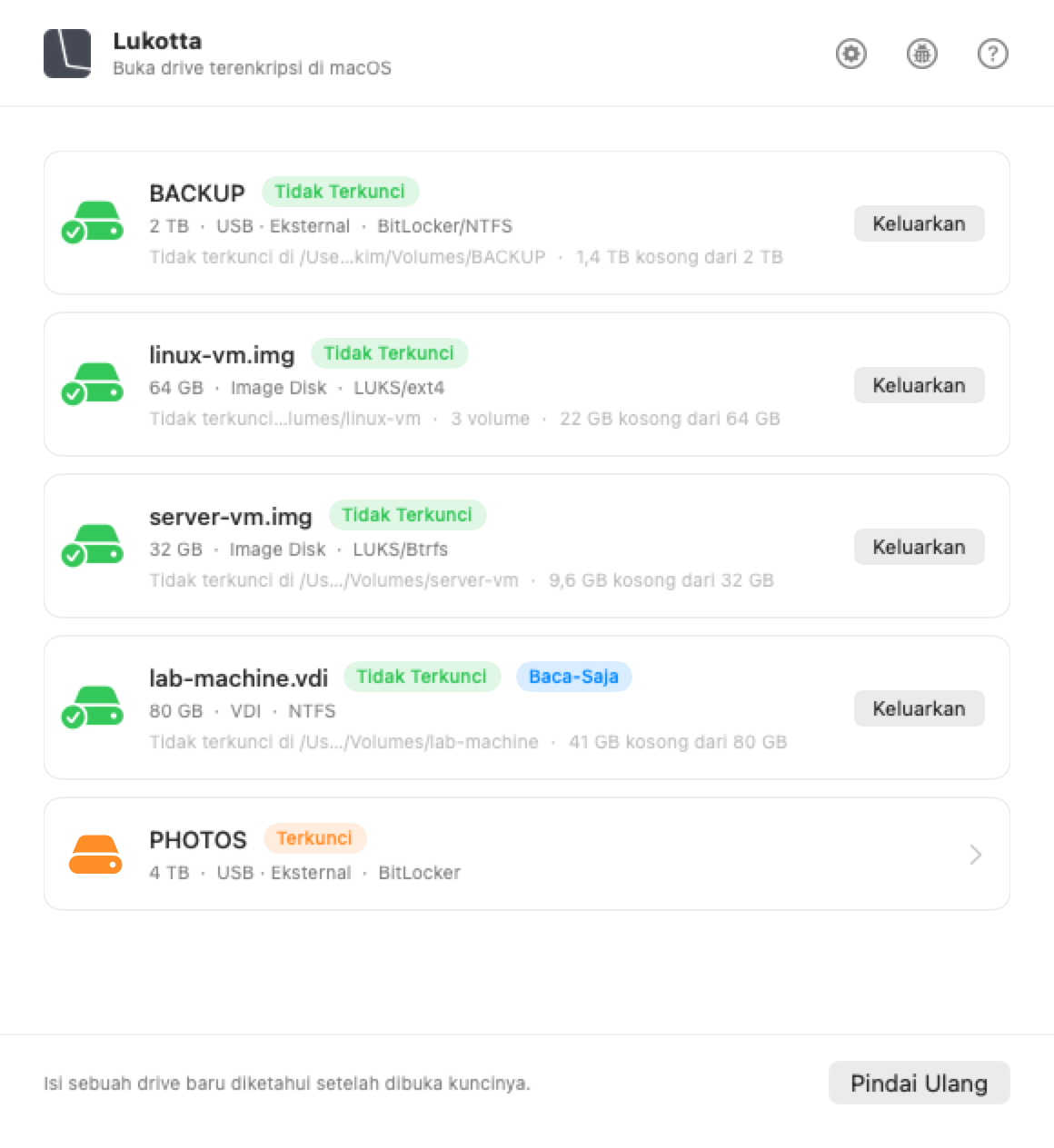 Jendela Lukotta di macOS, berisi daftar drive yang tersambung ke Mac dan isi masing-masing.