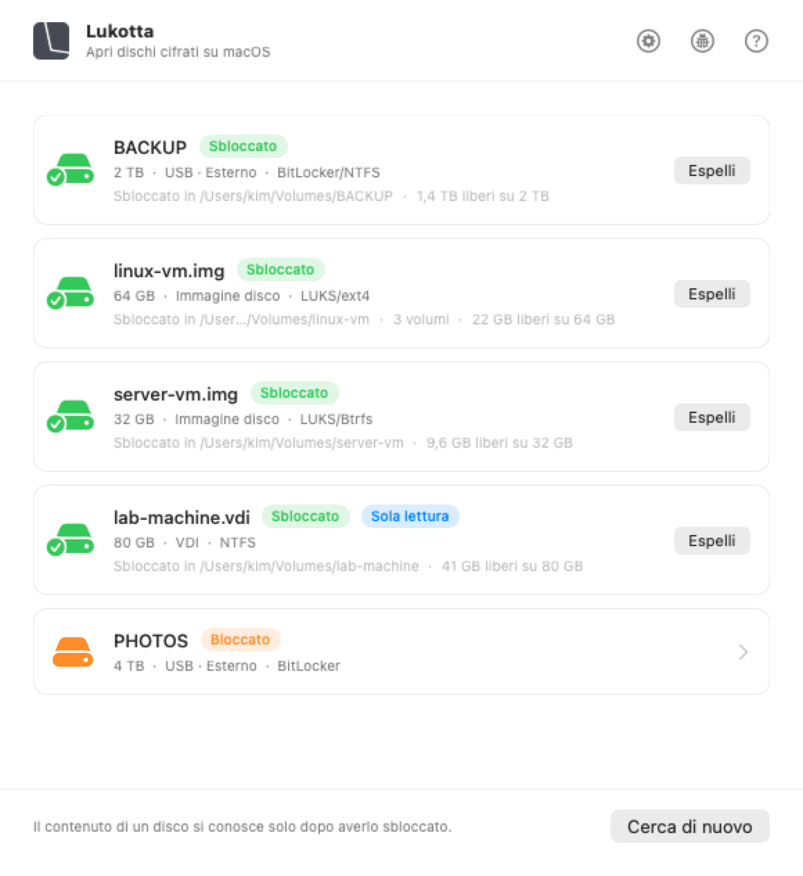 La finestra di Lukotta su macOS, con i dischi collegati al Mac e il contenuto di ciascuno.