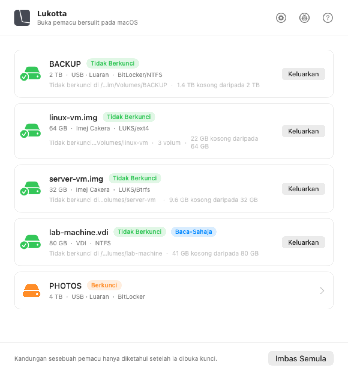 Tetingkap Lukotta pada macOS, menyenaraikan pemacu yang disambungkan ke Mac dan kandungan setiap satu.
