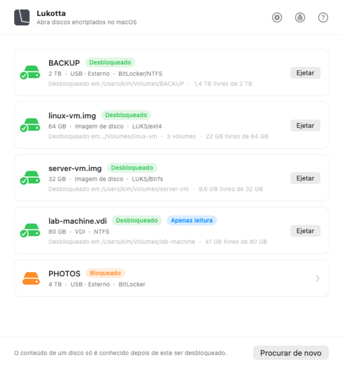 A janela do Lukotta no macOS, com os discos ligados ao Mac e o que cada um contém.