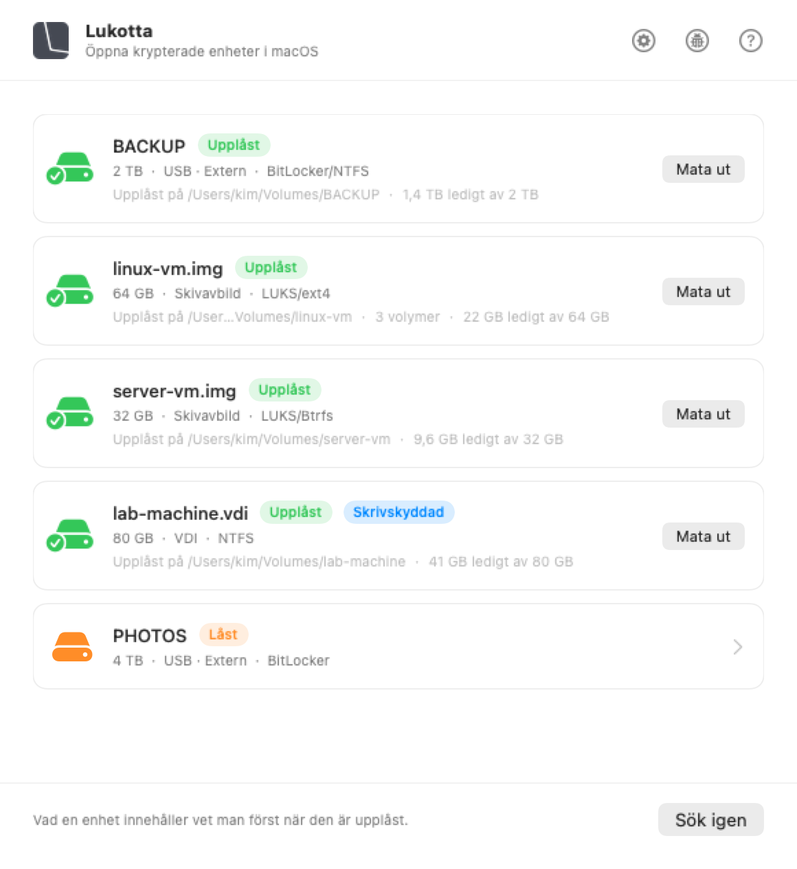 Lukotta-fönstret på macOS med de diskar som är anslutna till Mac och vad var och en innehåller.