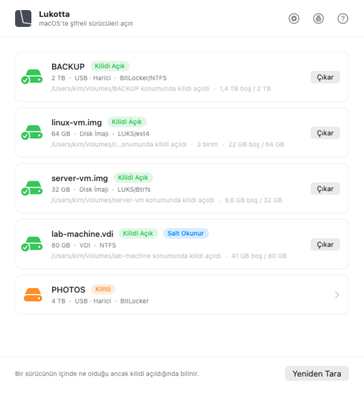 Lukotta penceresi, macOS üzerinde: Mac bilgisayarına takılı diskler ve her birinin içinde ne olduğu.